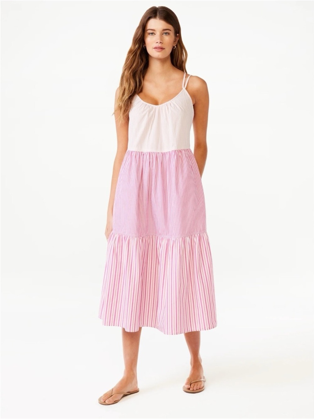 Striped Pink Tiered Midi Skirt